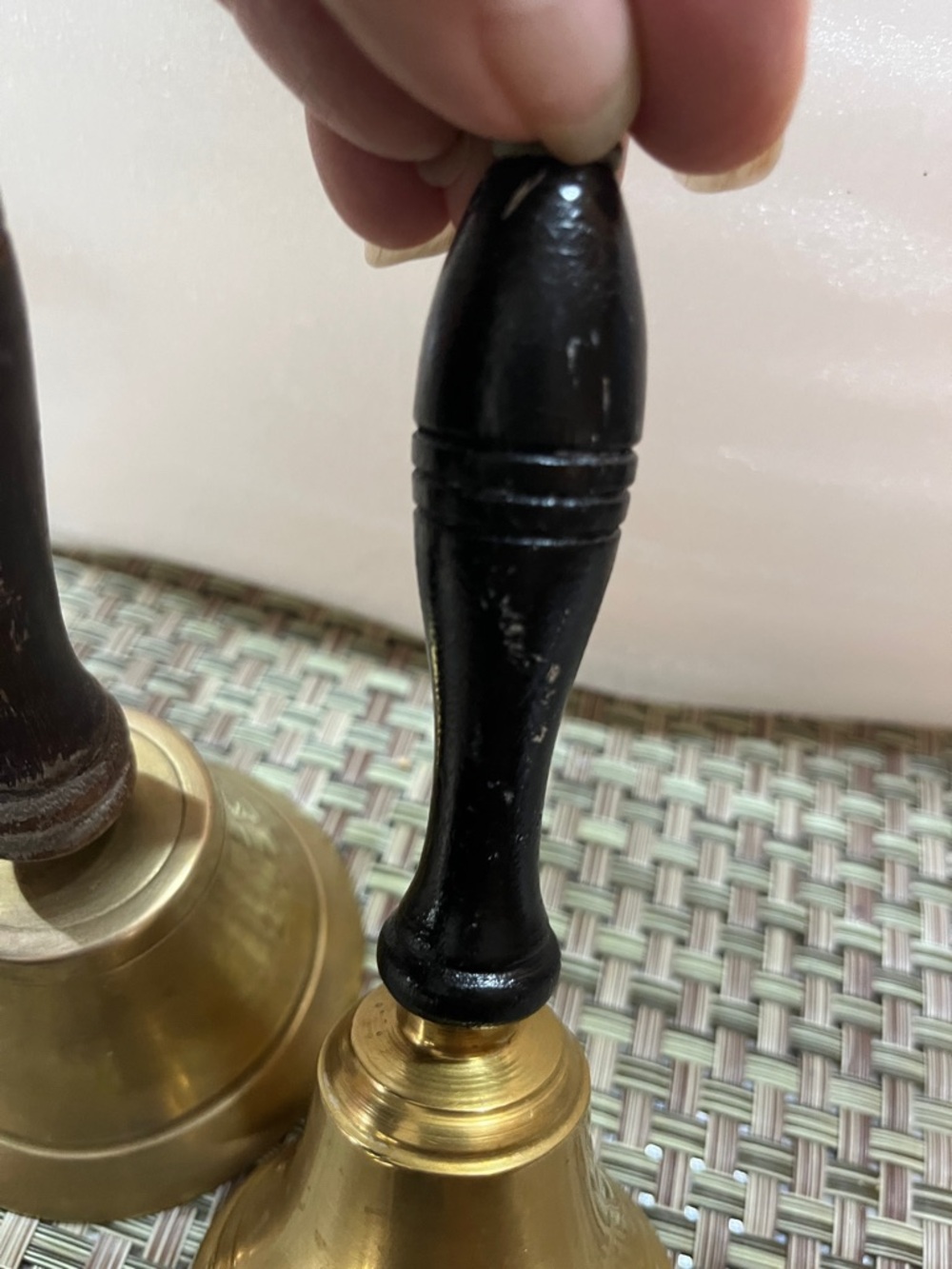 Vintage Brass Hand Bells with Wood Handles - Set of 2 - Picture 5 of 8